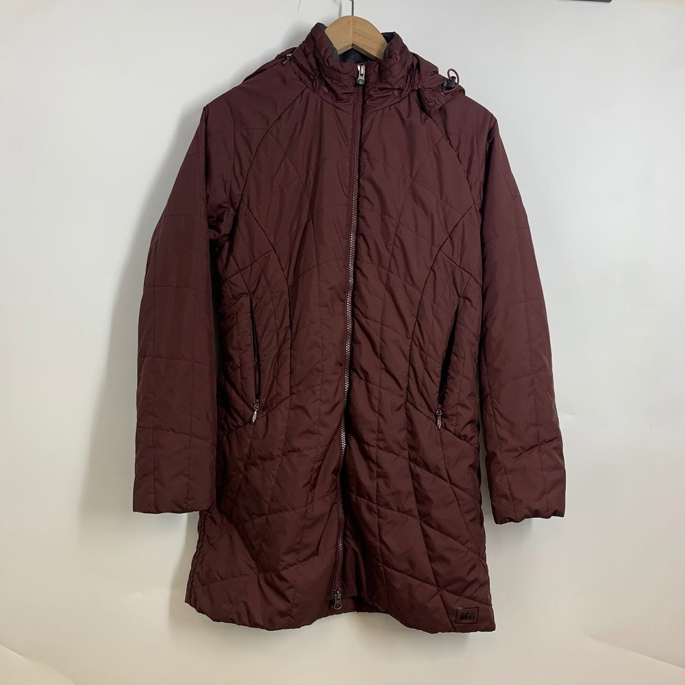 REI Quilted Hooded Parka Jacket Burgundy Women's Lightweight Travel Outdoor SZ S